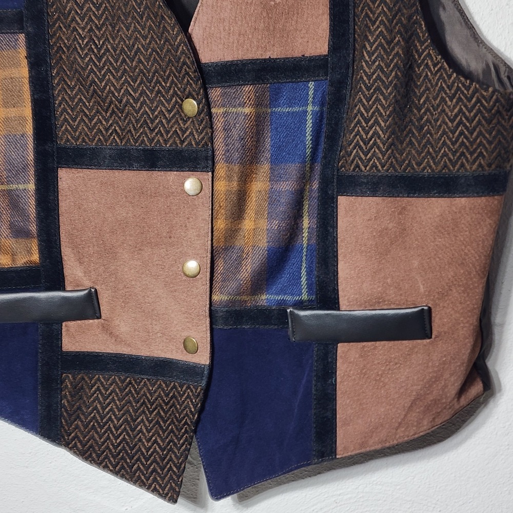 Jeri Marque New York Vintage Patchwork Leather Vest LG‎ Brown Plaid Herringbone - Picture 4 of 9